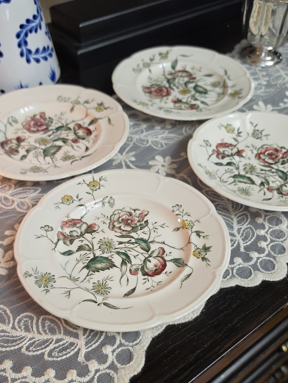 Windsor Porcelain Dessert Plates in White with Pink and Green Floral Motif